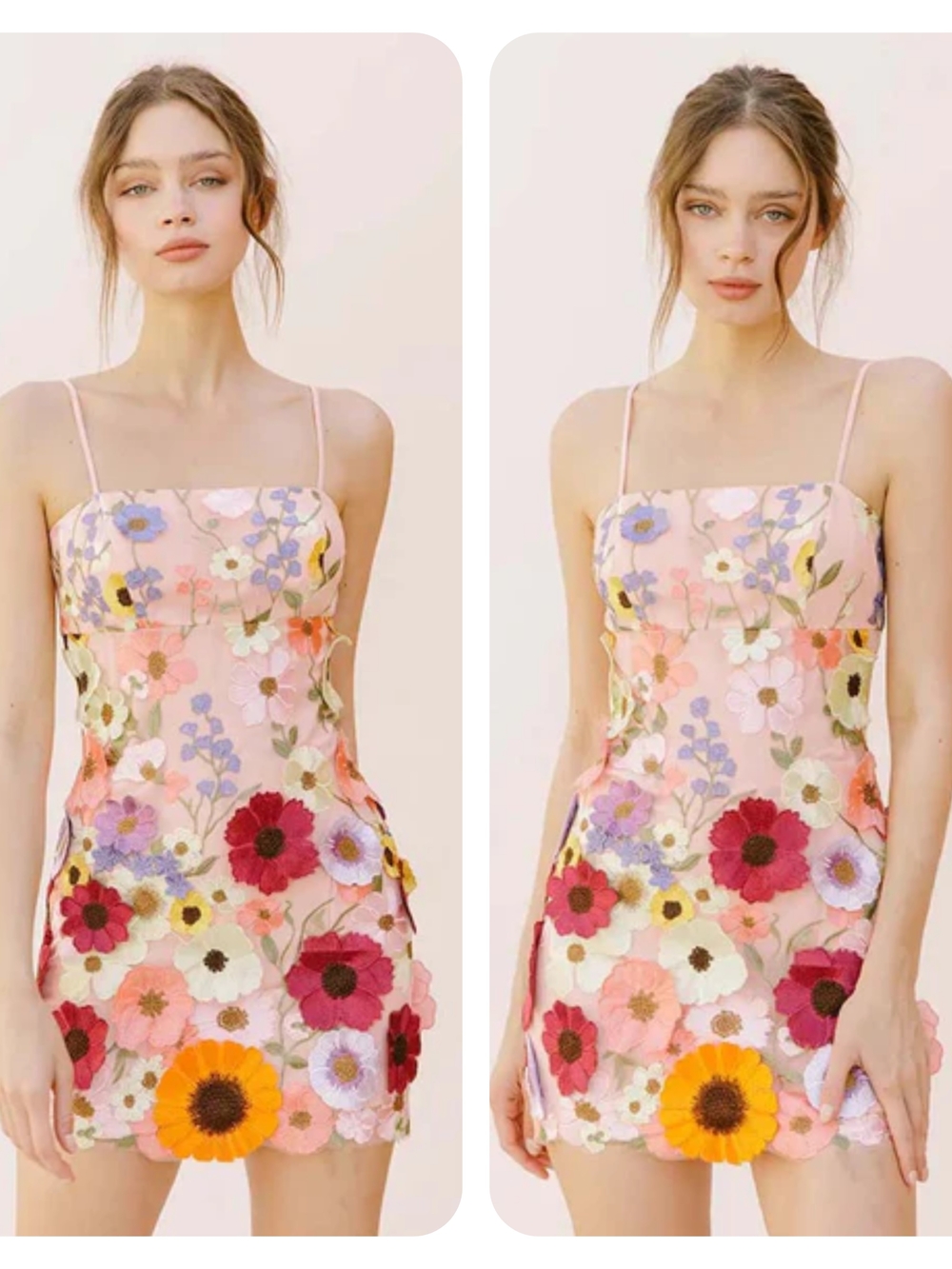 Storia Summer Embroidered Floral Applique Fitted Mini Dress Pink Multicolor S